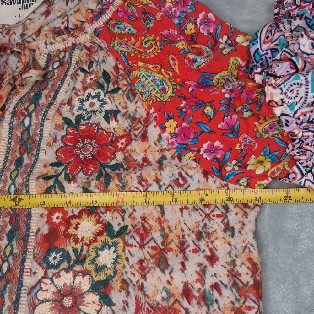 Savanna Jane Mixed Print Floral Embroidered Blouse Ruffle Tie Neck Boho L - Picture 14 of 16